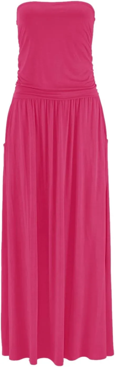 Alaster Queen Womens Strapless Bandeau Summer Long Floral Dress Off Shoulder Beach Maxi Dress with Pockets