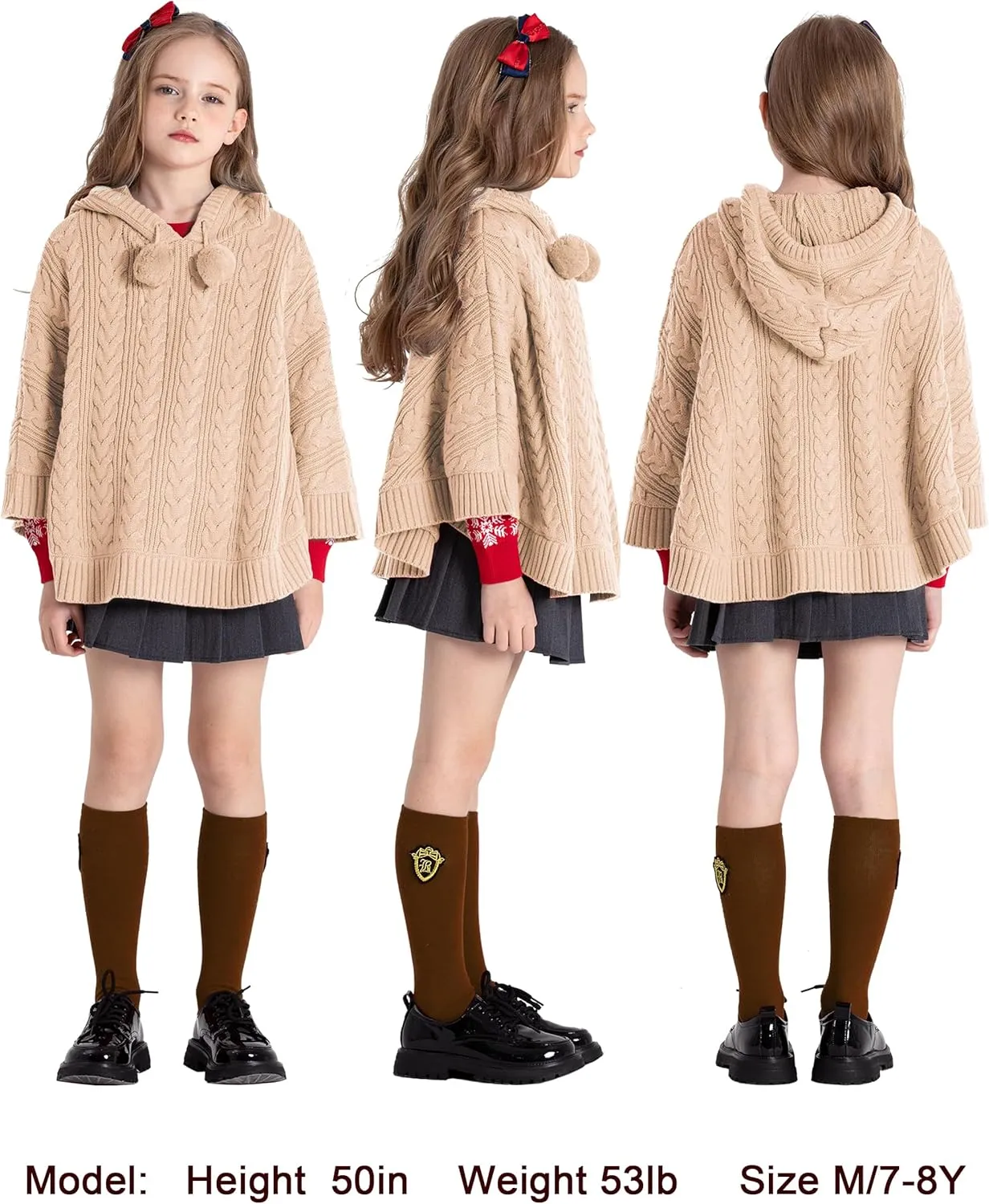 BOBOYOYO Cape for Girls Hooded Cable Knit Poncho Sweaters Kids Shawl Sweater Toddler Holiday Pullover for 3-12 Years Child