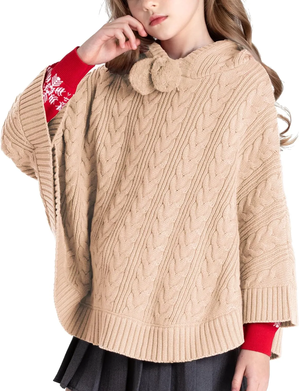 BOBOYOYO Cape for Girls Hooded Cable Knit Poncho Sweaters Kids Shawl Sweater Toddler Holiday Pullover for 3-12 Years Child