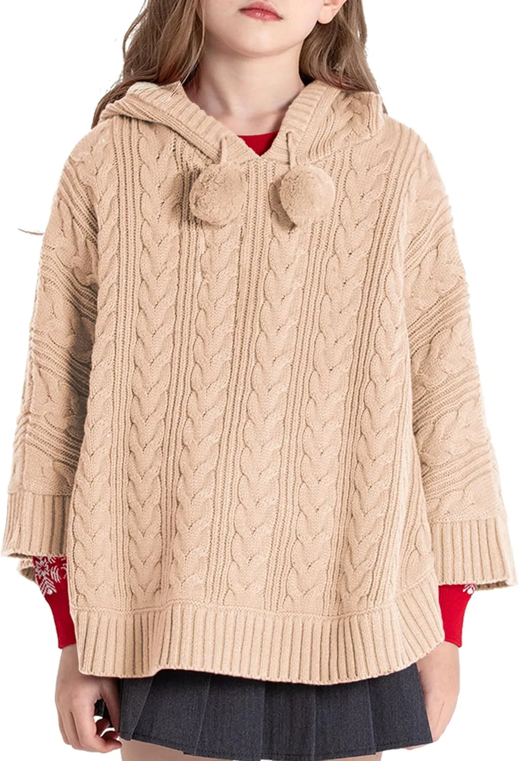 BOBOYOYO Cape for Girls Hooded Cable Knit Poncho Sweaters Kids Shawl Sweater Toddler Holiday Pullover for 3-12 Years Child