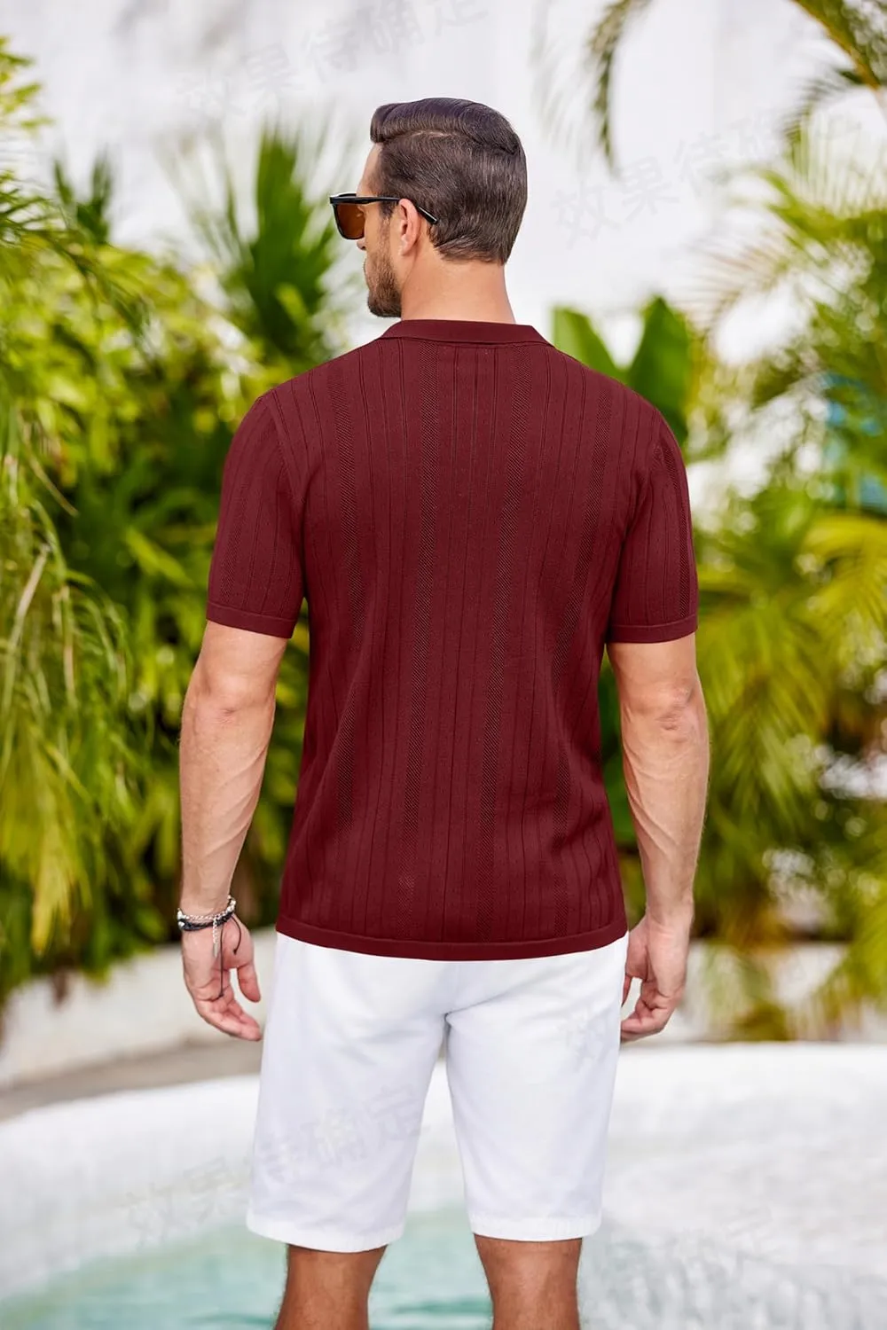COOFANDY Mens Knit Button Down Shirts Crochet Polo Shirts Vintage Short Sleeve Textured Shirts Summer Beach Tops