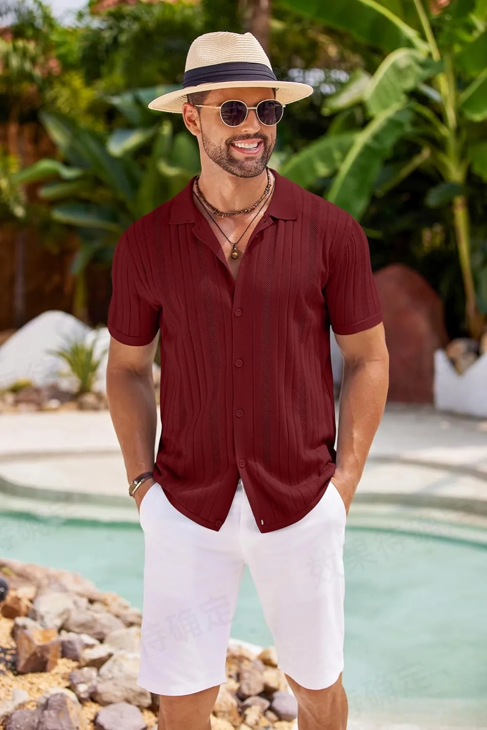 COOFANDY Mens Knit Button Down Shirts Crochet Polo Shirts Vintage Short Sleeve Textured Shirts Summer Beach Tops