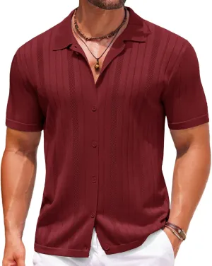 COOFANDY Mens Knit Button Down Shirts Crochet Polo Shirts Vintage Short Sleeve Textured Shirts Summer Beach Tops