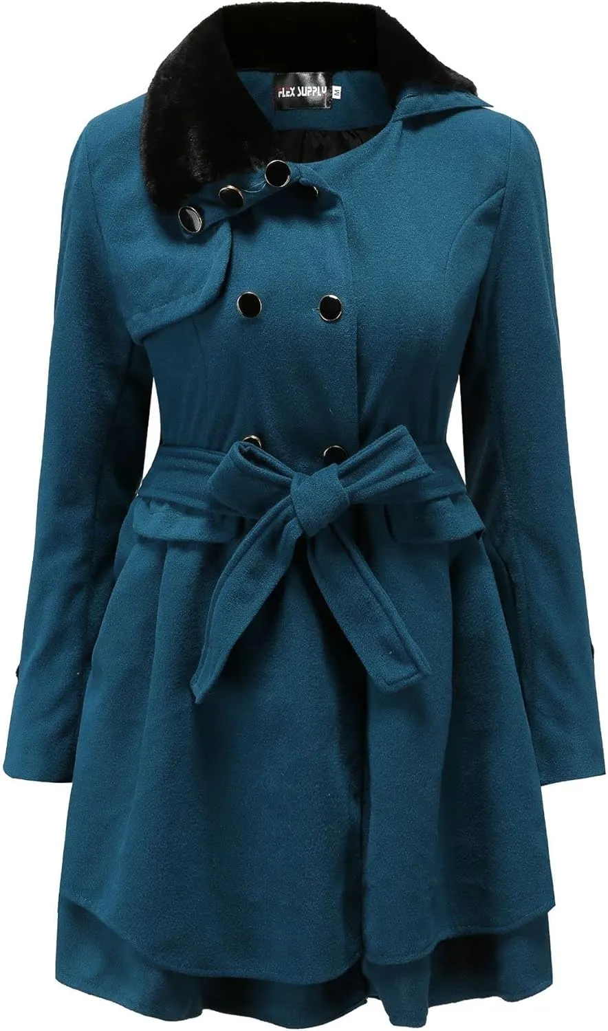 KELYWELL Womens Lapel Faux Fur Collar Jacket Double Breasted Wool Blend Trench Coat Long Trench Swing Coat with Belt