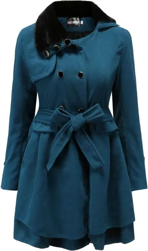 KELYWELL Womens Lapel Faux Fur Collar Jacket Double Breasted Wool Blend Trench Coat Long Trench Swing Coat with Belt