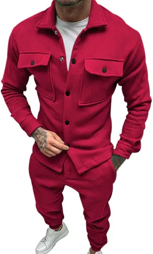 Men's 2 Piece Tracksuit Polo Athletic Sweatsuit Cardigan Solid Color Long Sleeve Men's Track Suits 2 Piece Set