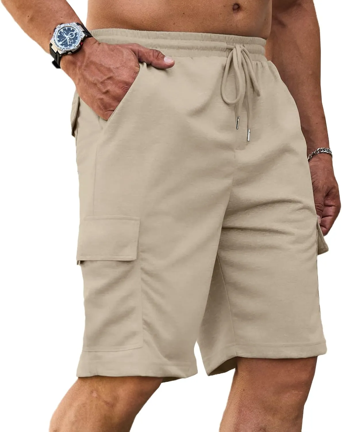 Men's Cargo Shorts Elastic Waist Outdoor Relaxed Fit Sport Shorts Jogger Lightweight Hiking Shorts with Pockets