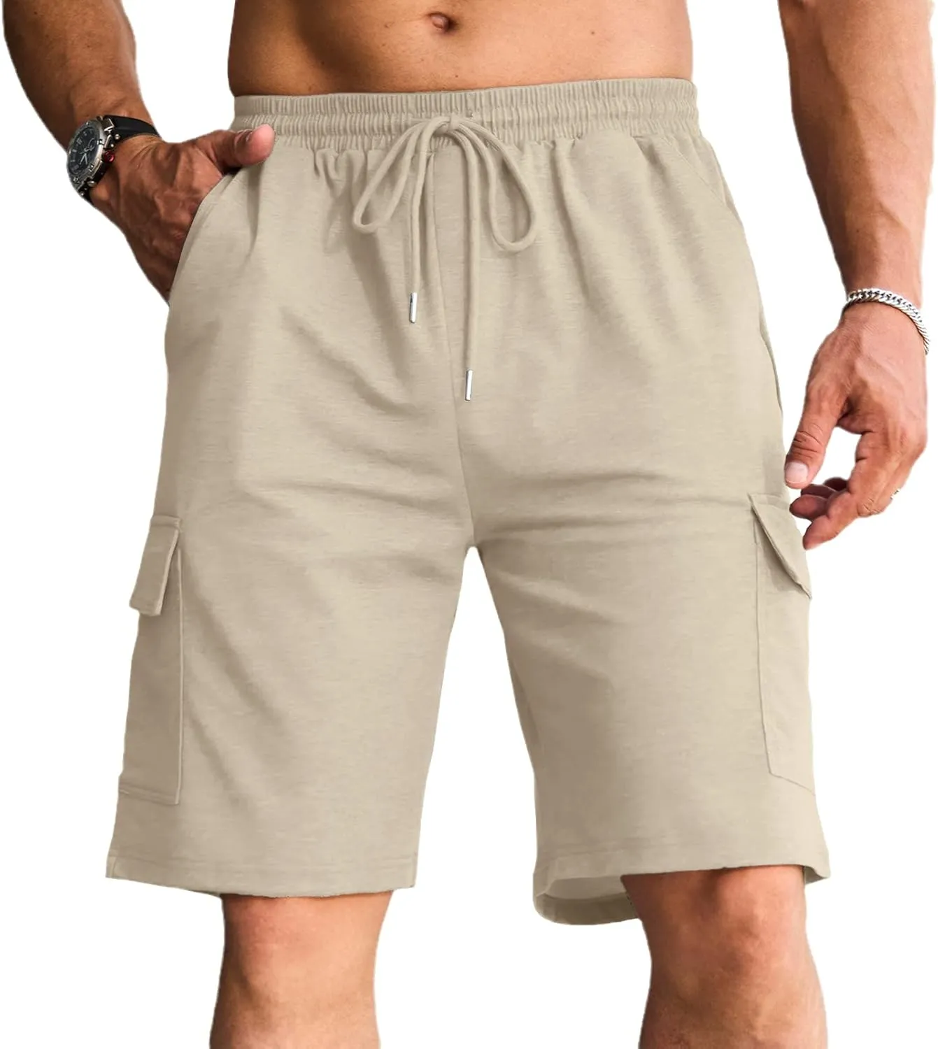 Men's Cargo Shorts Elastic Waist Outdoor Relaxed Fit Sport Shorts Jogger Lightweight Hiking Shorts with Pockets