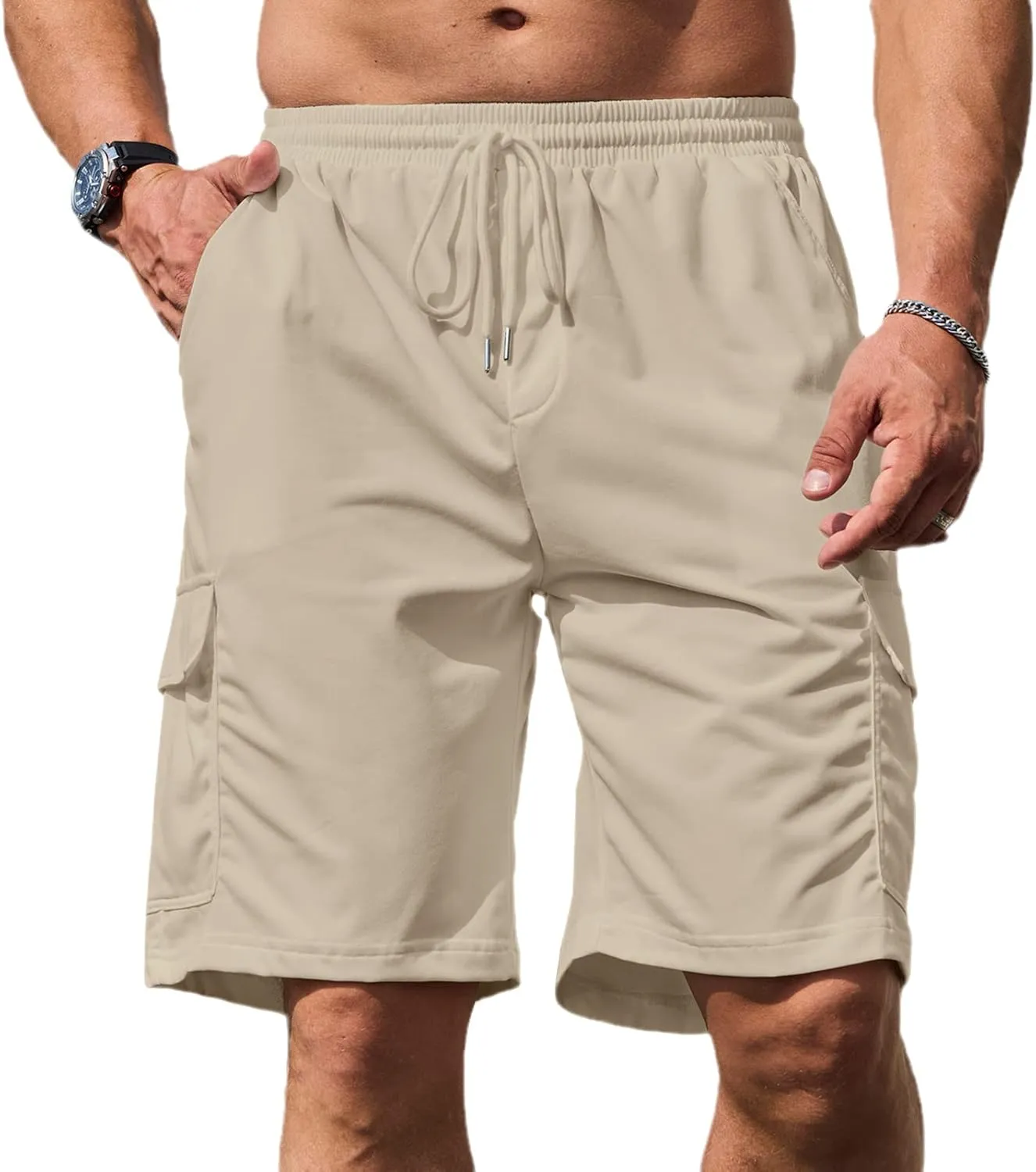 Men's Cargo Shorts Elastic Waist Outdoor Relaxed Fit Sport Shorts Jogger Lightweight Hiking Shorts with Pockets