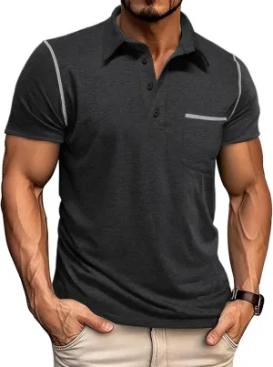Mens Casual Polo Shirts Classic Short Sleeve Basic Golf Button Shirt with Pocket