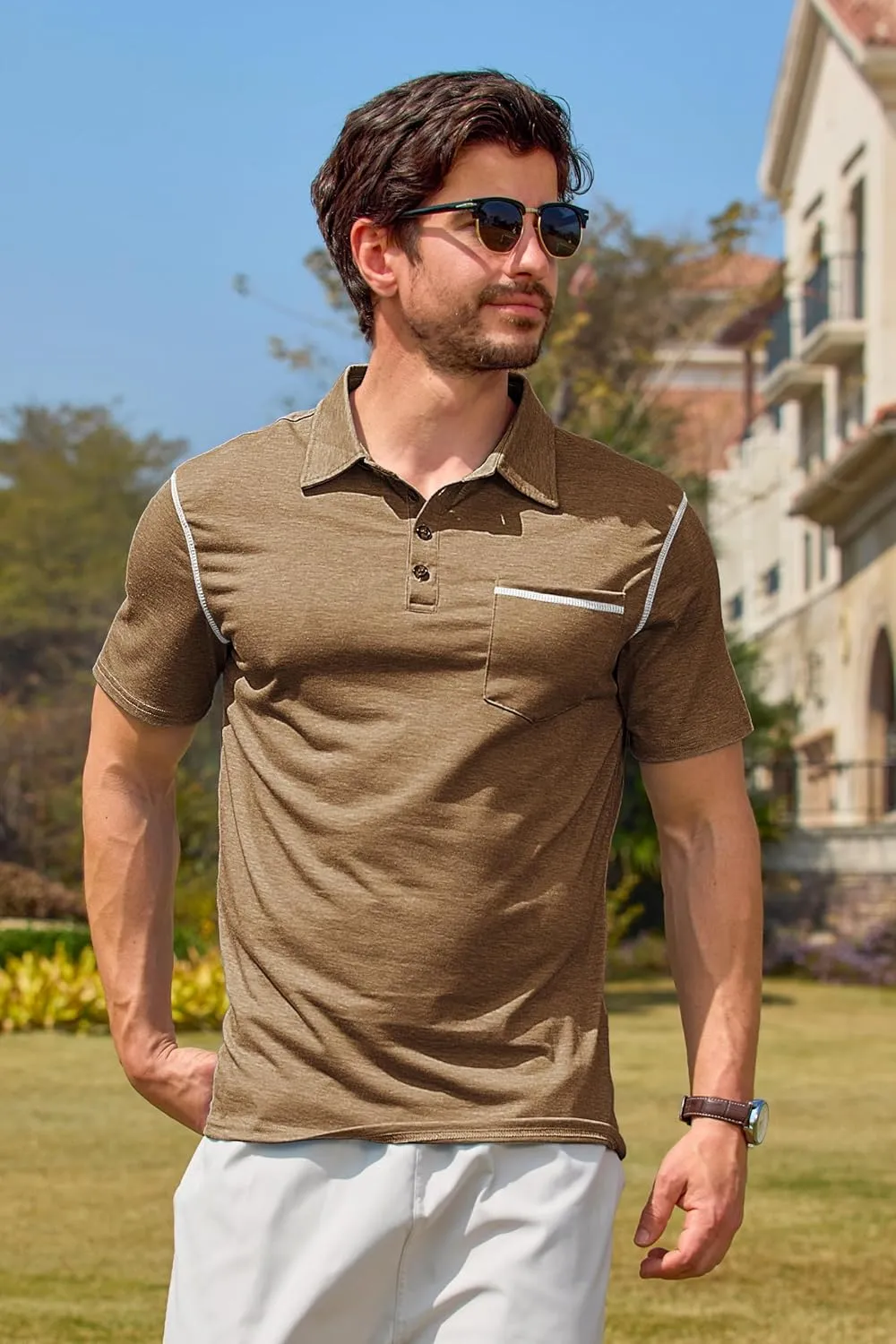 Mens Casual Polo Shirts Classic Short Sleeve Basic Golf Button Shirt with Pocket