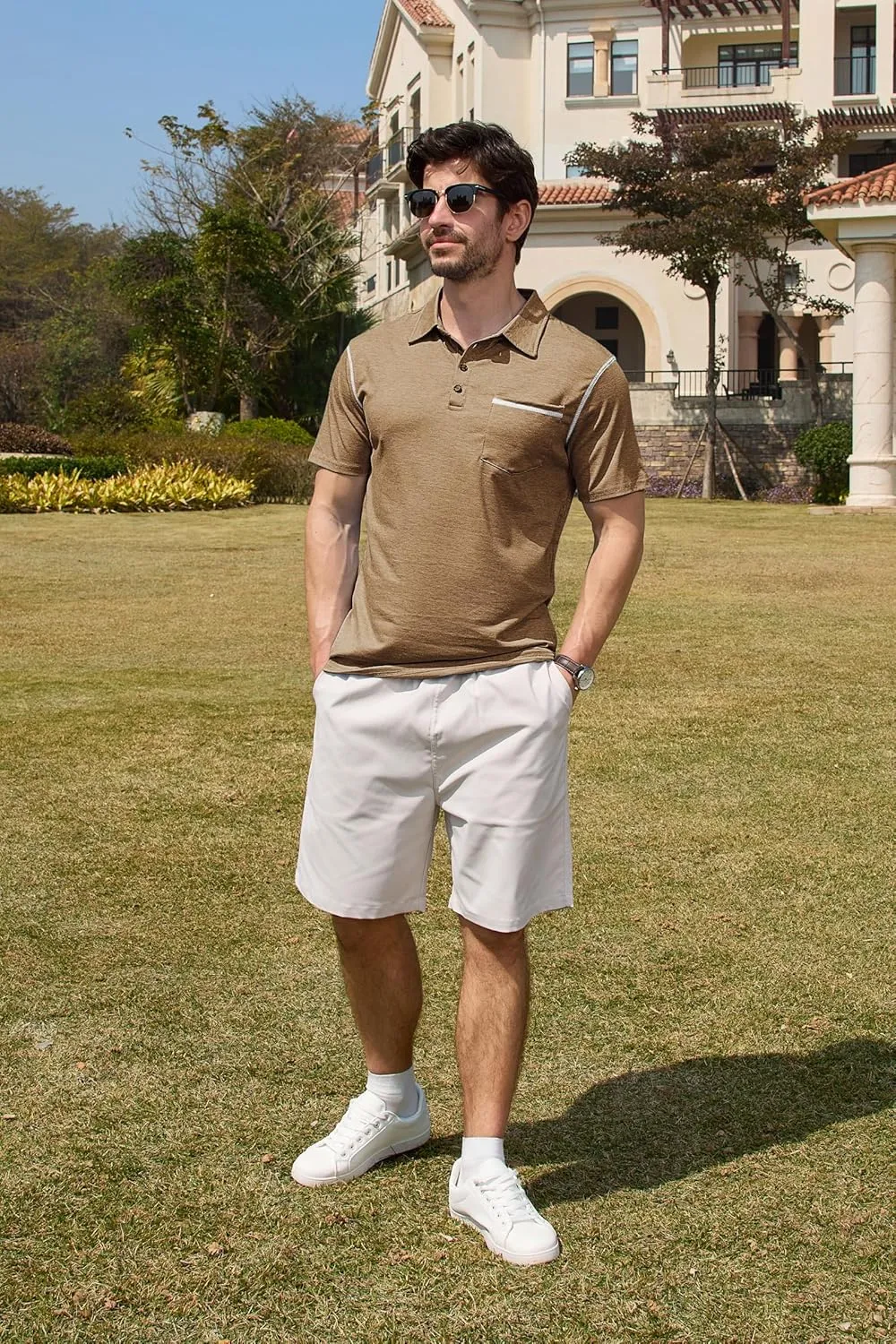 Mens Casual Polo Shirts Classic Short Sleeve Basic Golf Button Shirt with Pocket