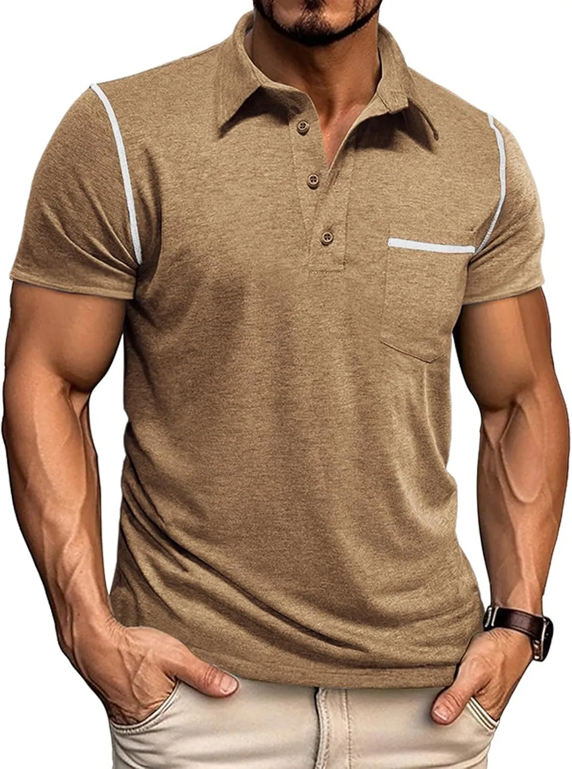 Mens Casual Polo Shirts Classic Short Sleeve Basic Golf Button Shirt with Pocket