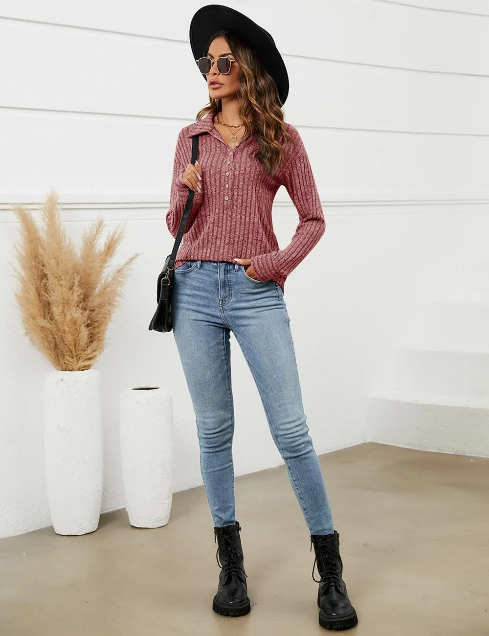 Micoson Women's Fall Casual Long Sleeve Button Blouses Ribbed Knit Fashion Collared Oversized Loose Fit Tunic Tops
