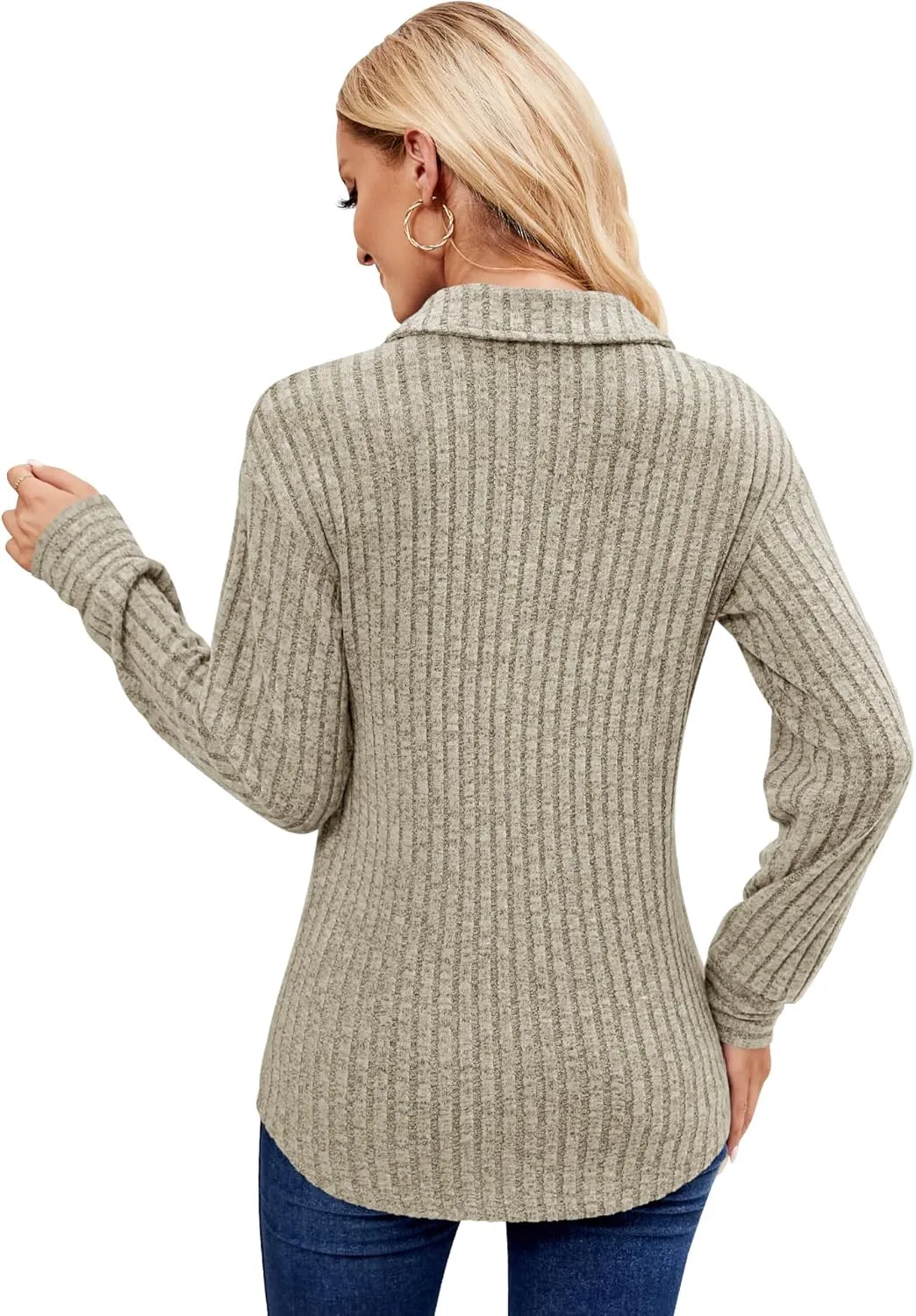 Micoson Women's Fall Casual Long Sleeve Button Blouses Ribbed Knit Fashion Collared Oversized Loose Fit Tunic Tops