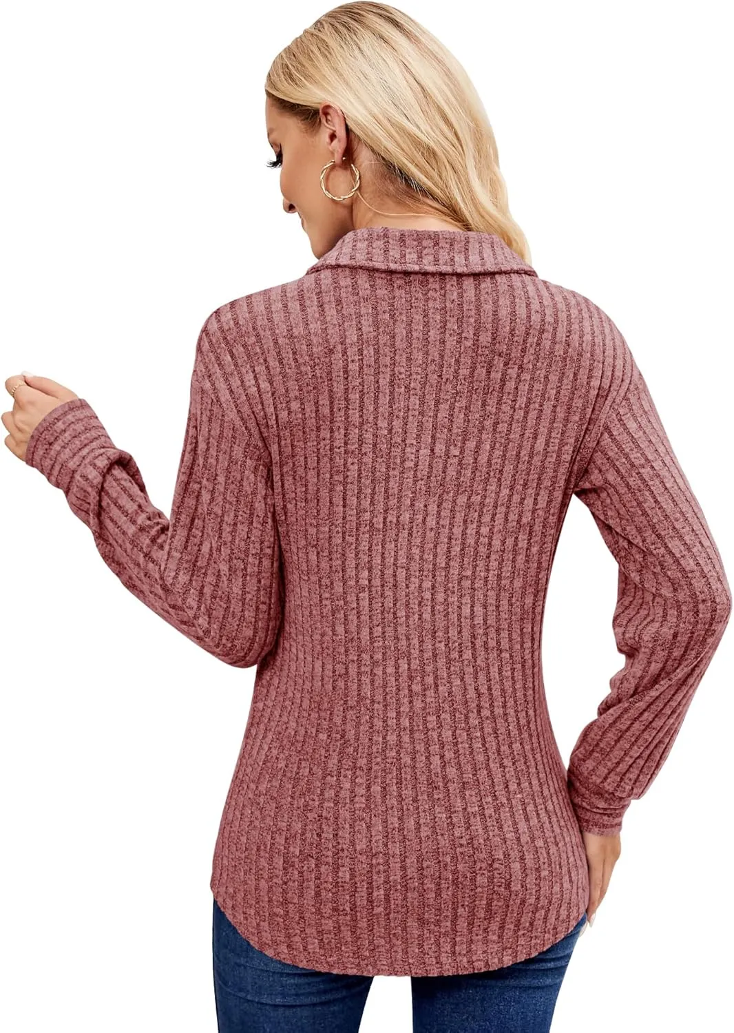 Micoson Women's Fall Casual Long Sleeve Button Blouses Ribbed Knit Fashion Collared Oversized Loose Fit Tunic Tops