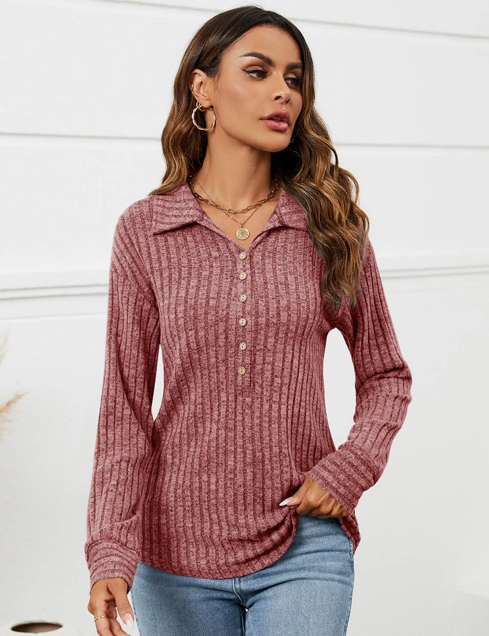 Micoson Women's Fall Casual Long Sleeve Button Blouses Ribbed Knit Fashion Collared Oversized Loose Fit Tunic Tops