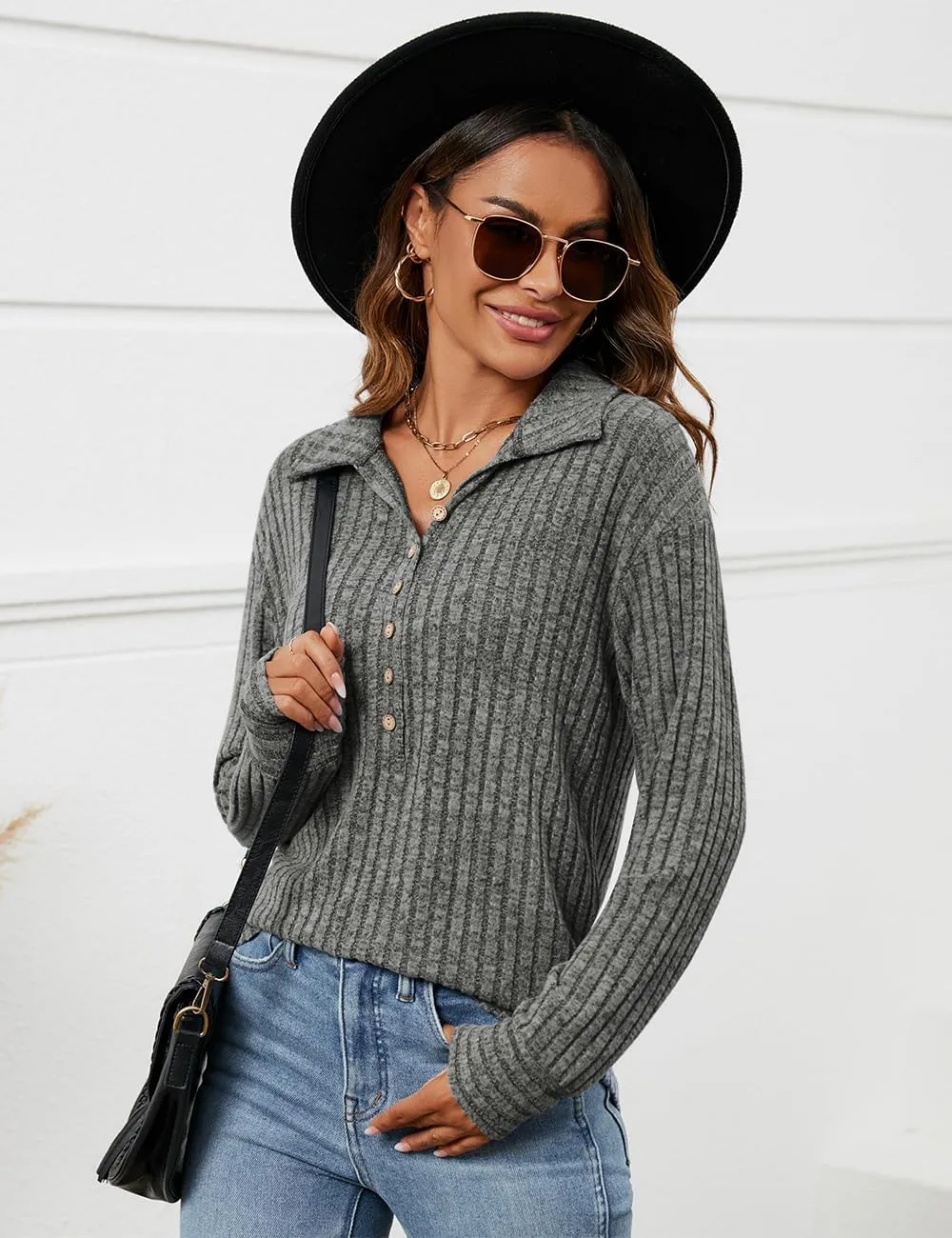 Micoson Women's Fall Casual Long Sleeve Button Blouses Ribbed Knit Fashion Collared Oversized Loose Fit Tunic Tops