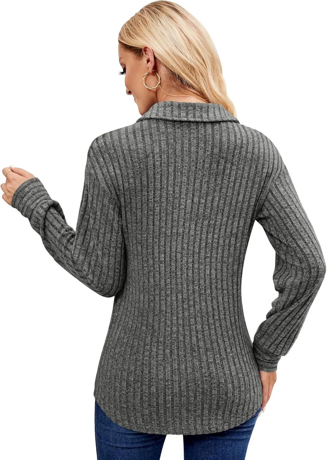 Micoson Women's Fall Casual Long Sleeve Button Blouses Ribbed Knit Fashion Collared Oversized Loose Fit Tunic Tops
