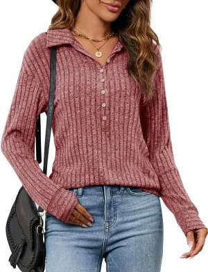 Micoson Women's Fall Casual Long Sleeve Button Blouses Ribbed Knit Fashion Collared Oversized Loose Fit Tunic Tops