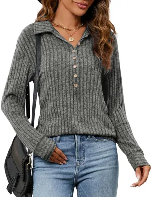 Micoson Women's Fall Casual Long Sleeve Button Blouses Ribbed Knit Fashion Collared Oversized Loose Fit Tunic Tops