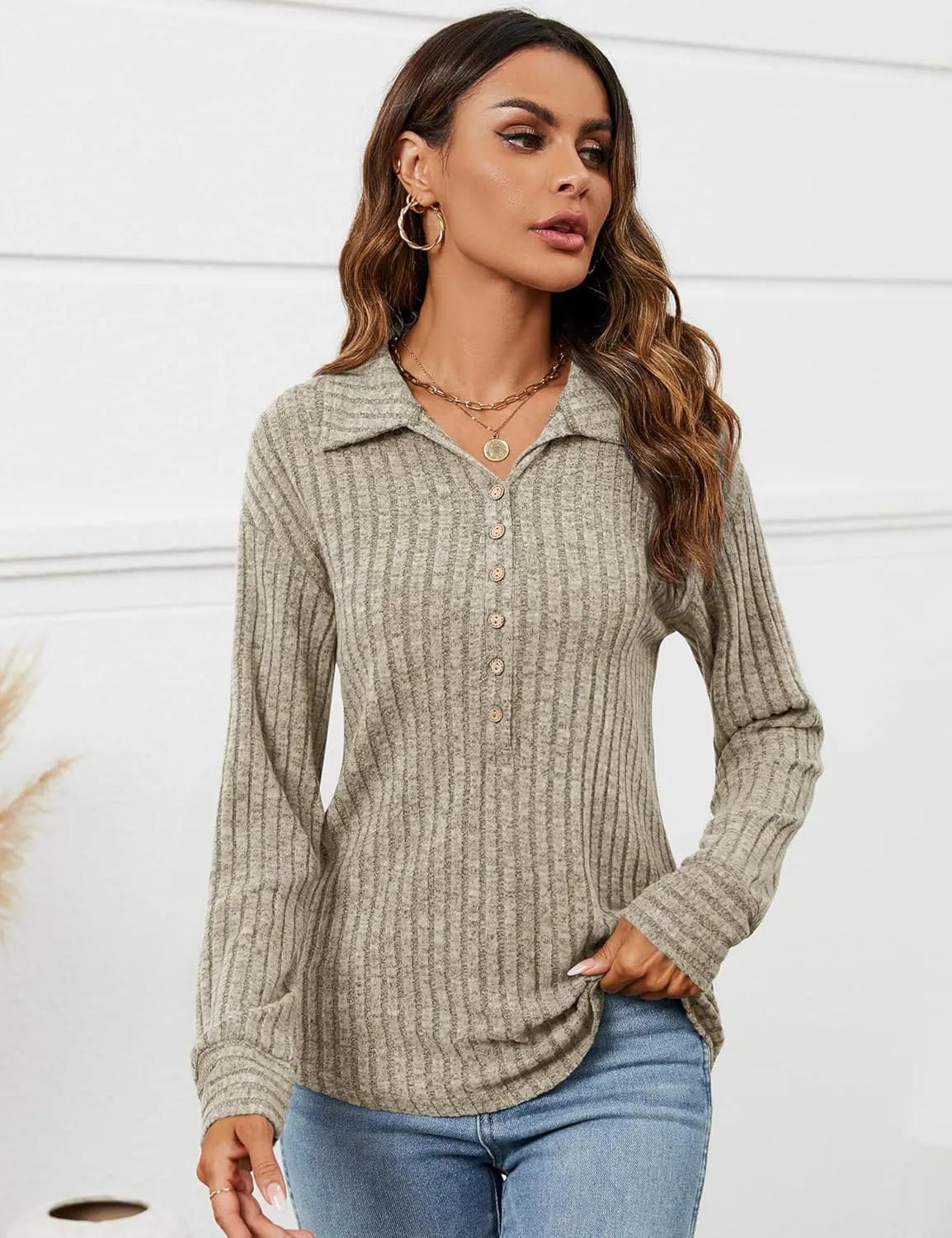 Micoson Women's Fall Casual Long Sleeve Button Blouses Ribbed Knit Fashion Collared Oversized Loose Fit Tunic Tops