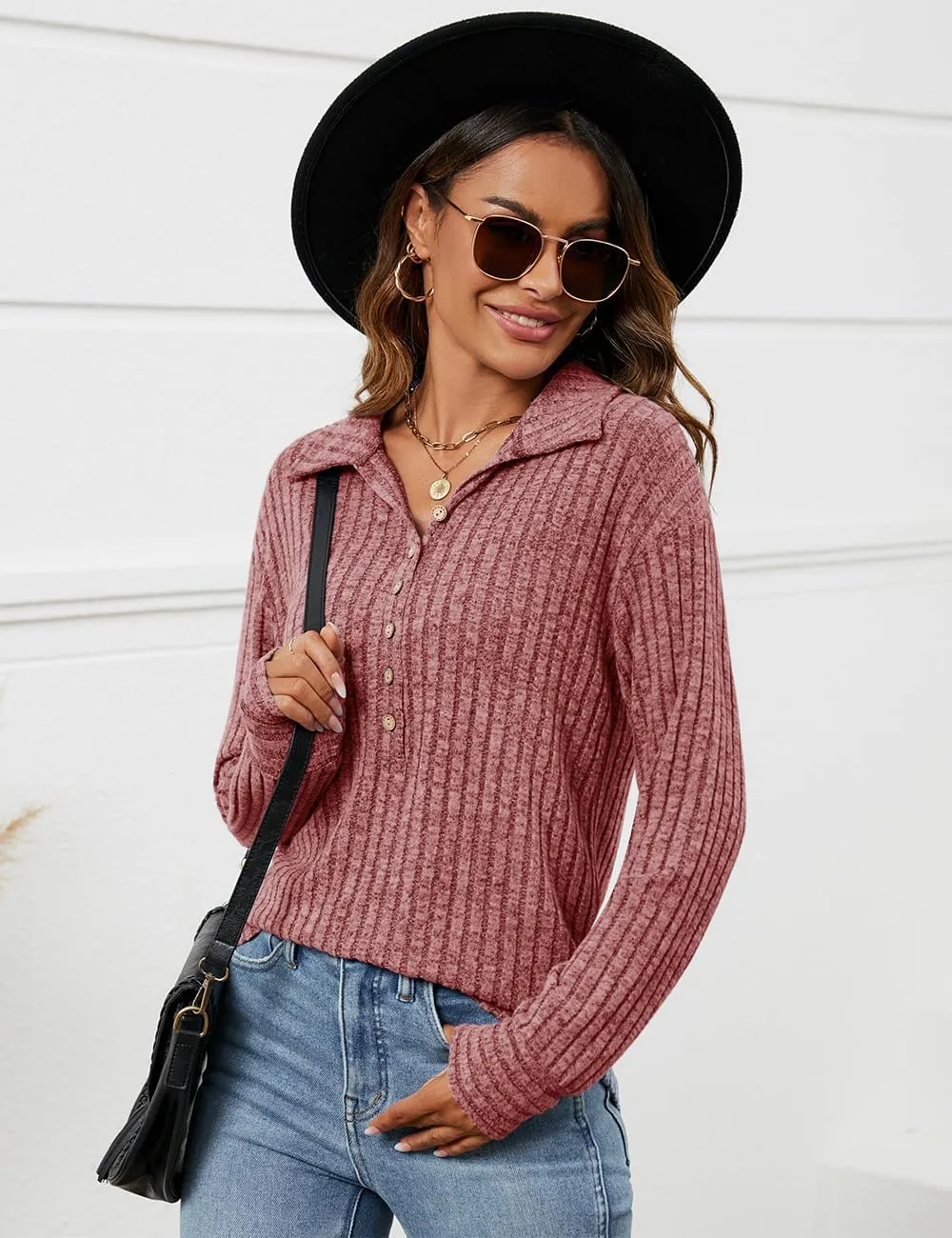 Micoson Women's Fall Casual Long Sleeve Button Blouses Ribbed Knit Fashion Collared Oversized Loose Fit Tunic Tops