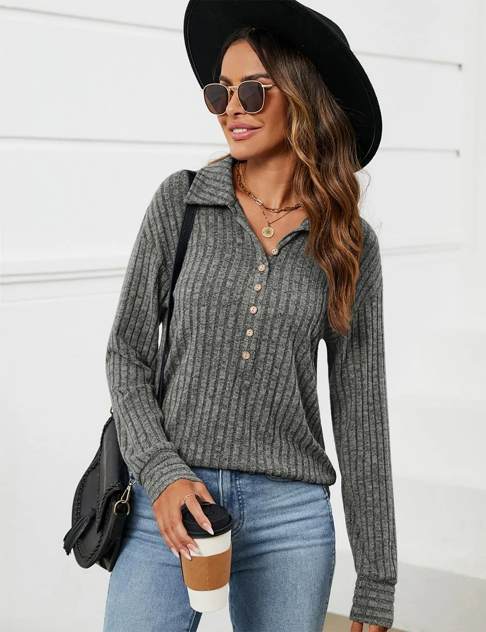 Micoson Women's Fall Casual Long Sleeve Button Blouses Ribbed Knit Fashion Collared Oversized Loose Fit Tunic Tops