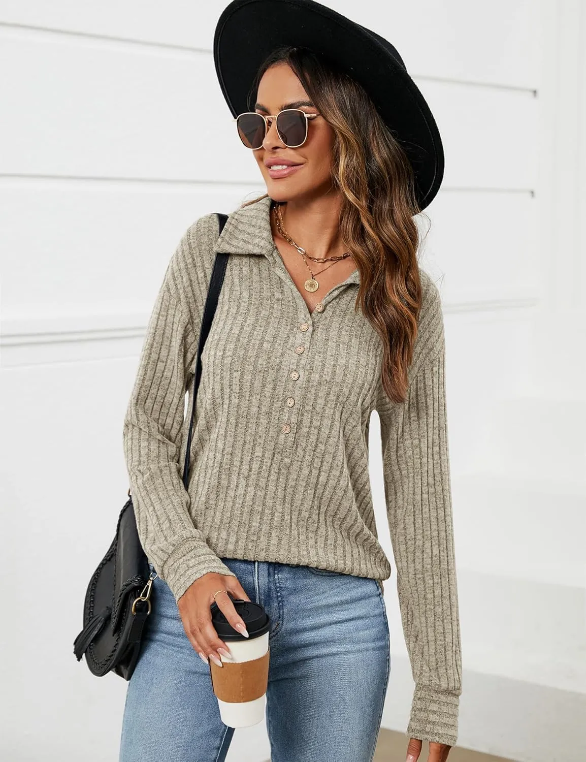 Micoson Women's Fall Casual Long Sleeve Button Blouses Ribbed Knit Fashion Collared Oversized Loose Fit Tunic Tops
