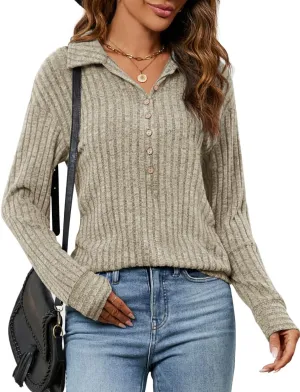 Micoson Women's Fall Casual Long Sleeve Button Blouses Ribbed Knit Fashion Collared Oversized Loose Fit Tunic Tops