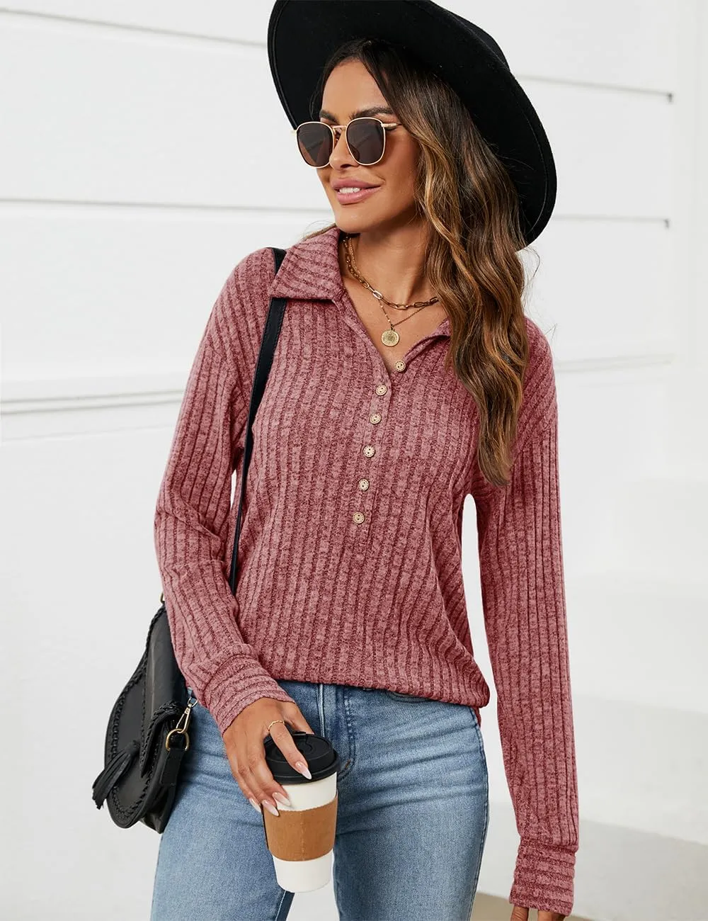 Micoson Women's Fall Casual Long Sleeve Button Blouses Ribbed Knit Fashion Collared Oversized Loose Fit Tunic Tops