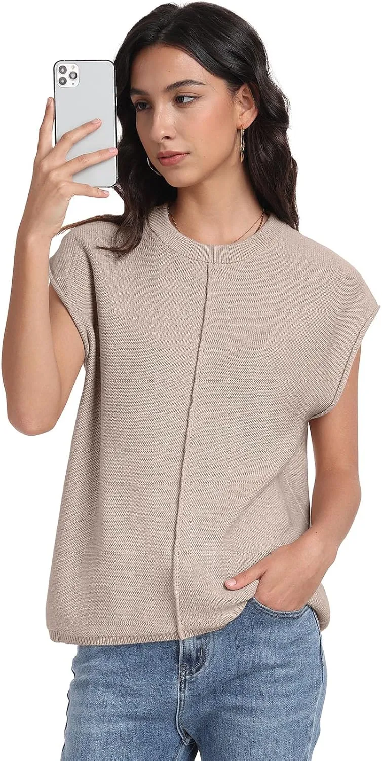 PrinStory Womens Cap Sleeve Tops Summer Casual Crew Neck Loose Fit Knit Lightweight Sweater Pullover Top