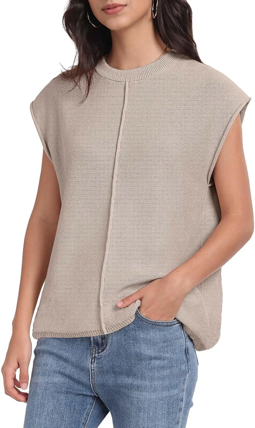 PrinStory Womens Cap Sleeve Tops Summer Casual Crew Neck Loose Fit Knit Lightweight Sweater Pullover Top