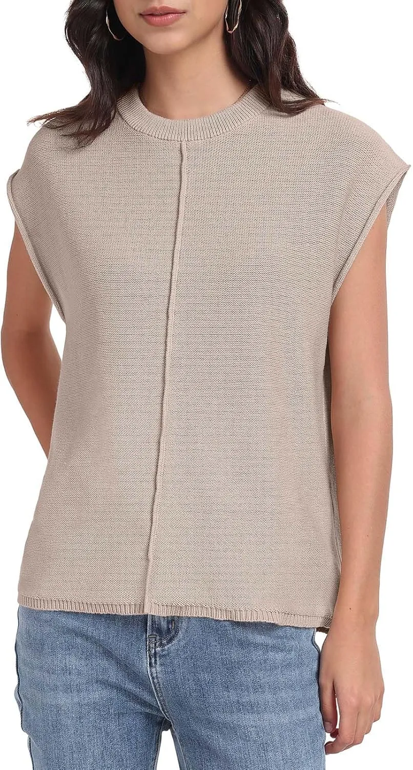PrinStory Womens Cap Sleeve Tops Summer Casual Crew Neck Loose Fit Knit Lightweight Sweater Pullover Top
