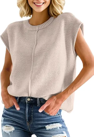 PrinStory Womens Cap Sleeve Tops Summer Casual Crew Neck Loose Fit Knit Lightweight Sweater Pullover Top
