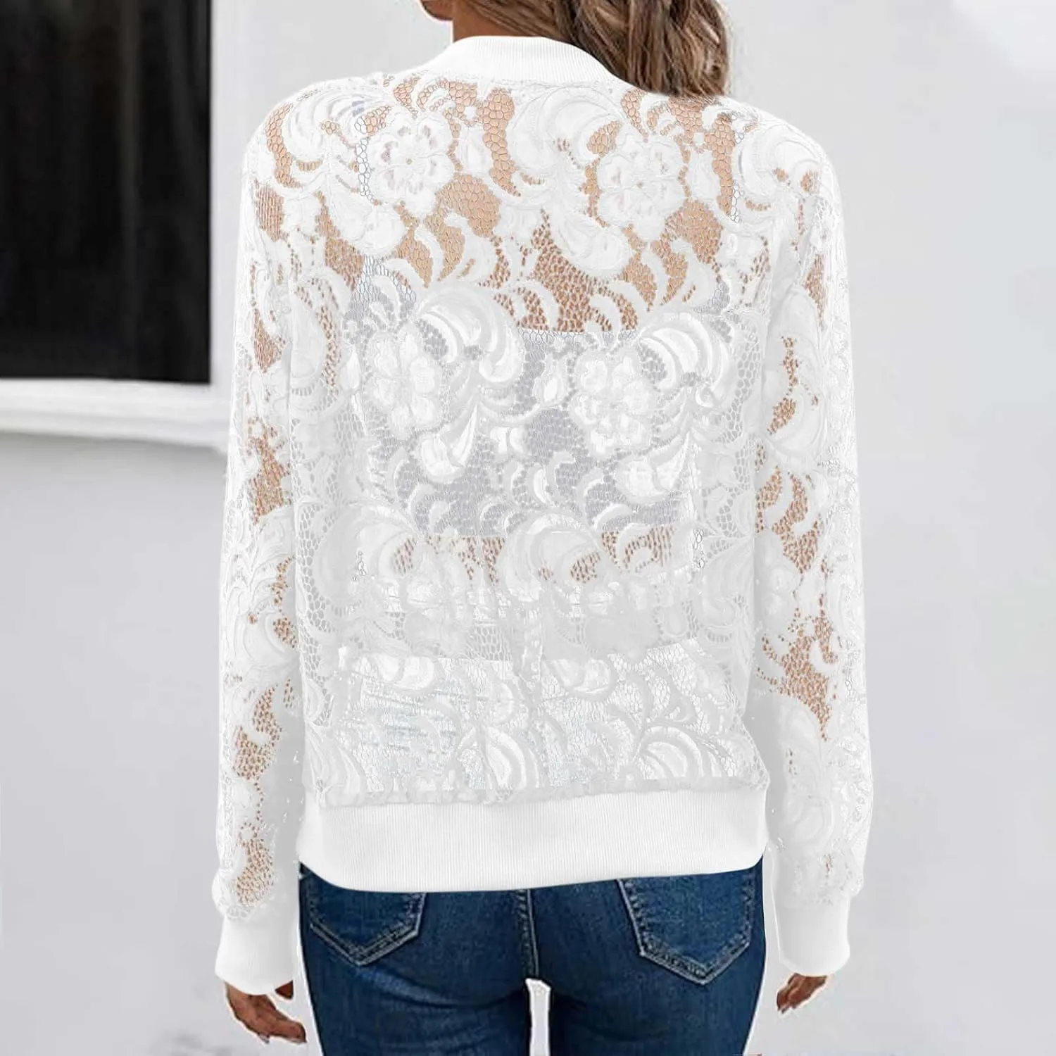 Sinzelimin Womens Lace Flroal Jacket Fashion Zipper Hollow Casual Outwear & Jackets Lightweight Cardigan Clubwear Blouse Tops