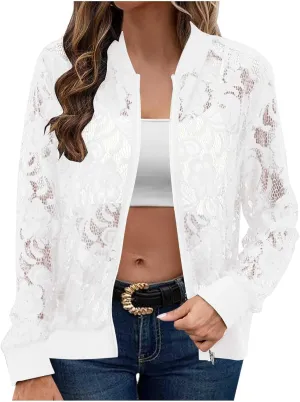 Sinzelimin Womens Lace Flroal Jacket Fashion Zipper Hollow Casual Outwear & Jackets Lightweight Cardigan Clubwear Blouse Tops