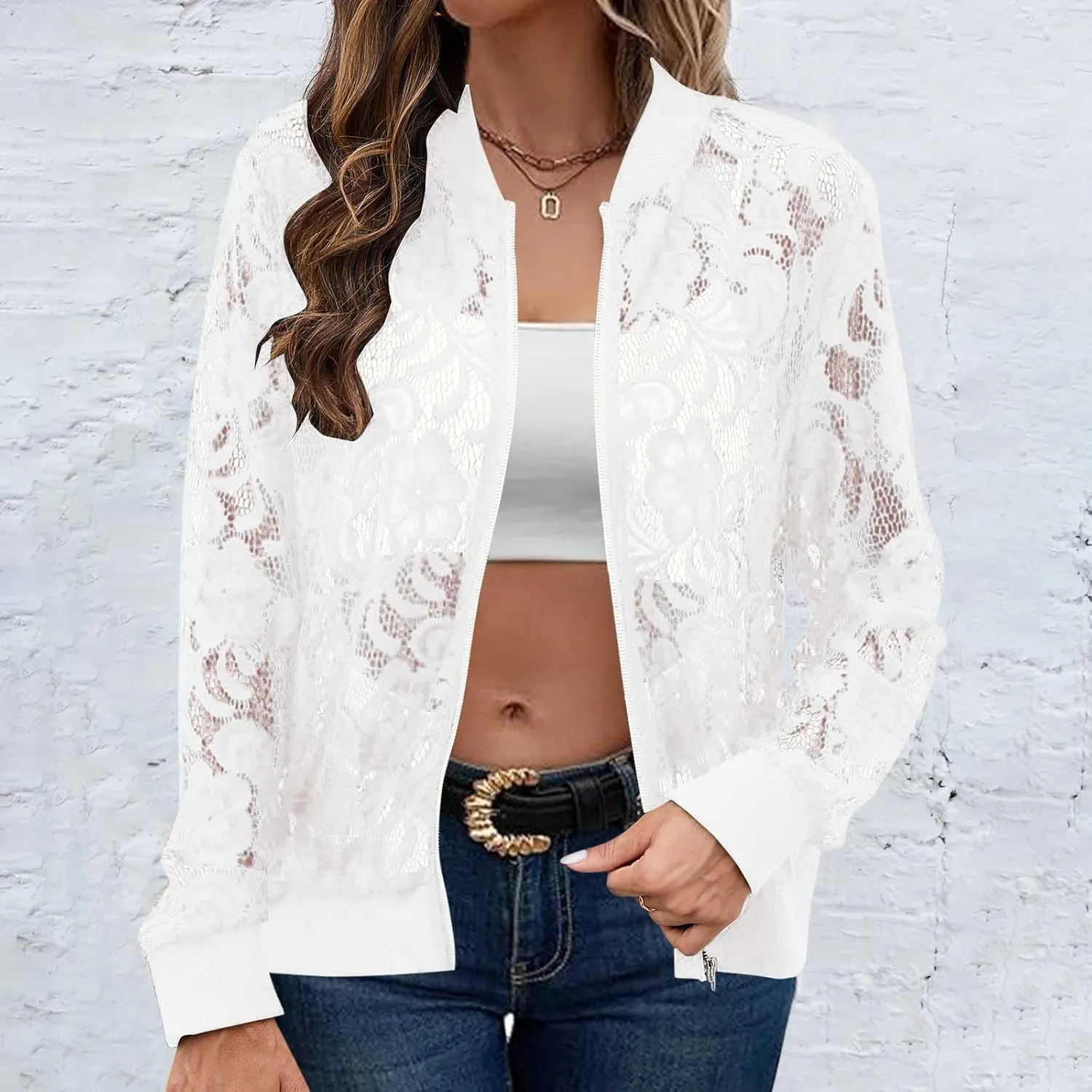 Sinzelimin Womens Lace Flroal Jacket Fashion Zipper Hollow Casual Outwear & Jackets Lightweight Cardigan Clubwear Blouse Tops