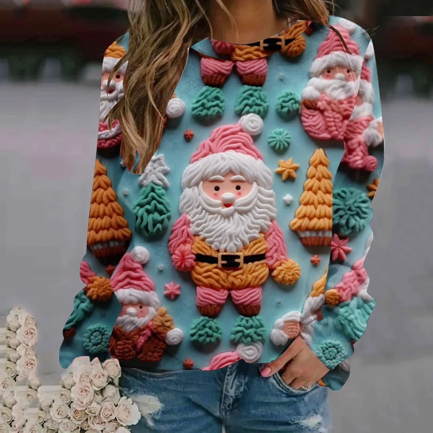 SMIDOW Women Ugly Christmas Sweatshirts 3D Digital Print Novelty Pullover Tops Funny Santa Xmas Tree Graphic Holiday Outfits