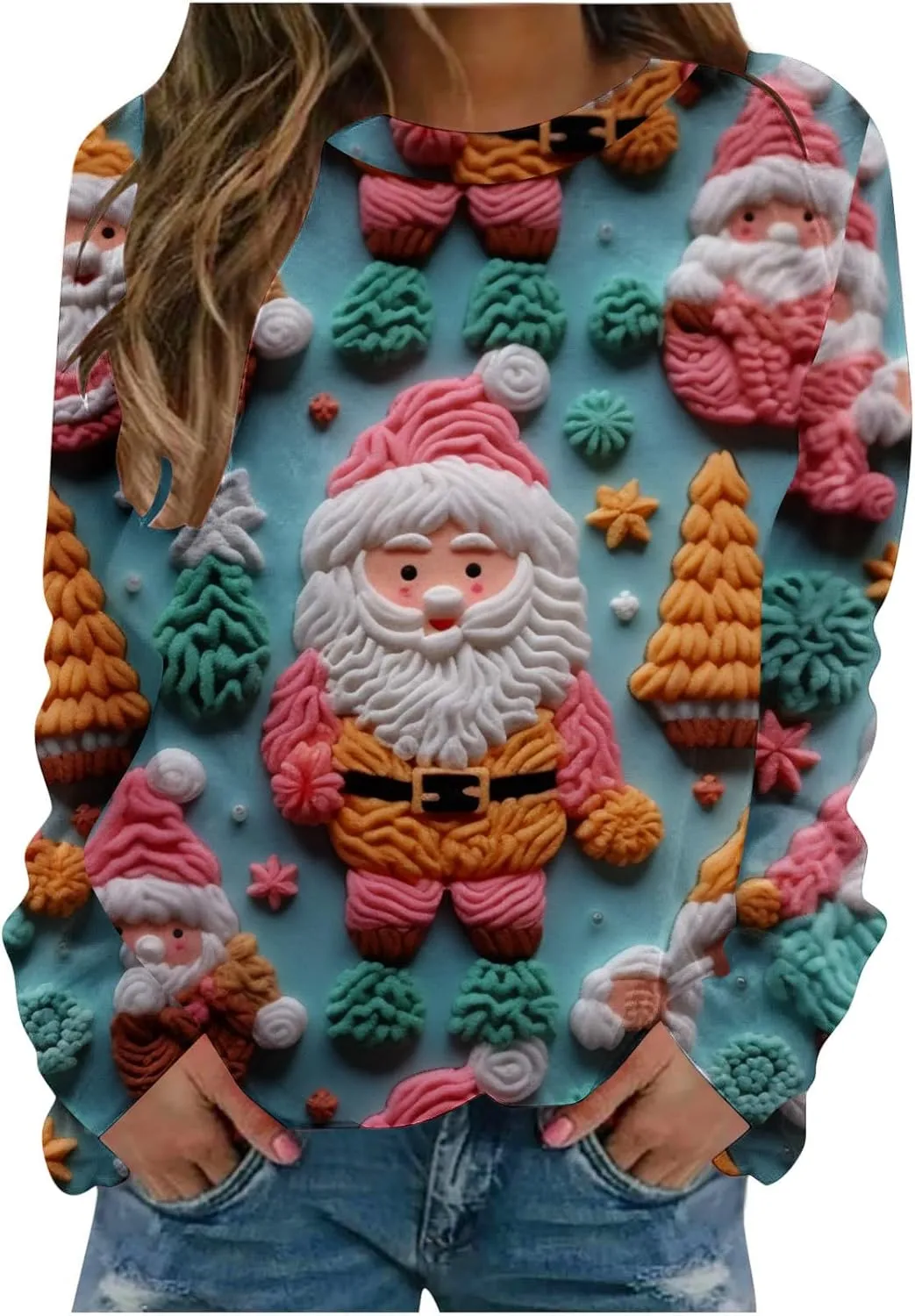 SMIDOW Women Ugly Christmas Sweatshirts 3D Digital Print Novelty Pullover Tops Funny Santa Xmas Tree Graphic Holiday Outfits