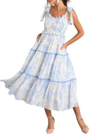 Women Floral Tie Shoulder Maxi Dress Sleeveless Square Neck Smocked Long Dress Boho Flowy Beach Sundress