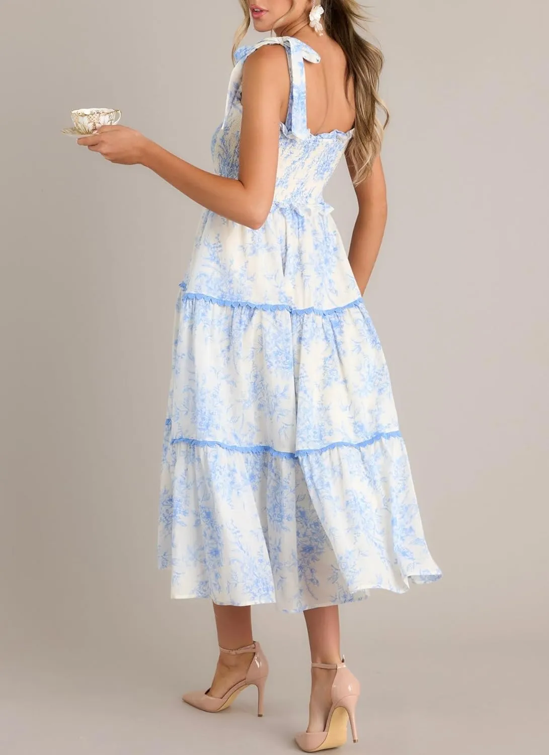Women Floral Tie Shoulder Maxi Dress Sleeveless Square Neck Smocked Long Dress Boho Flowy Beach Sundress