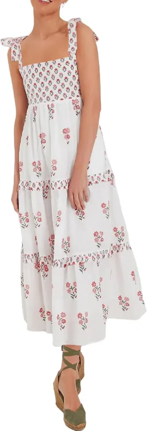 Women Floral Tie Shoulder Maxi Dress Sleeveless Square Neck Smocked Long Dress Boho Flowy Beach Sundress