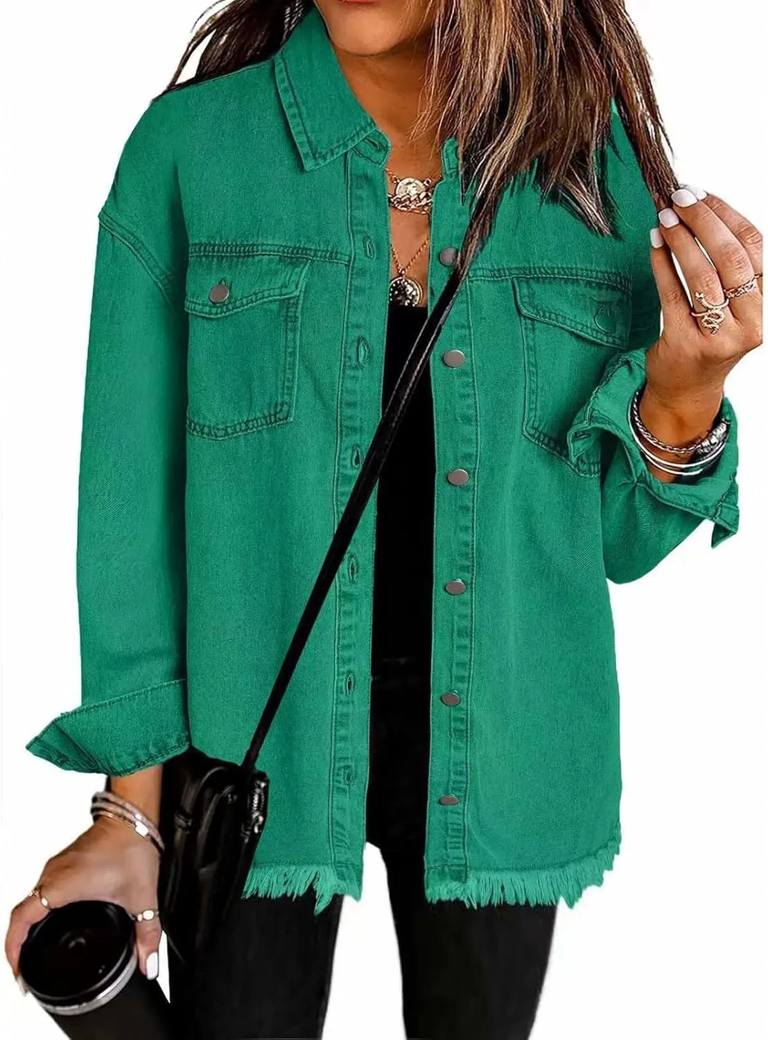 Women's Denim Jackets 2025 Trendy Distressed Frayed Hem Jacket Coat Retro Button Long Sleeve Crop Jean Shirts Pocket