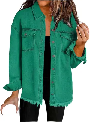 Women's Denim Jackets 2025 Trendy Distressed Frayed Hem Jacket Coat Retro Button Long Sleeve Crop Jean Shirts Pocket