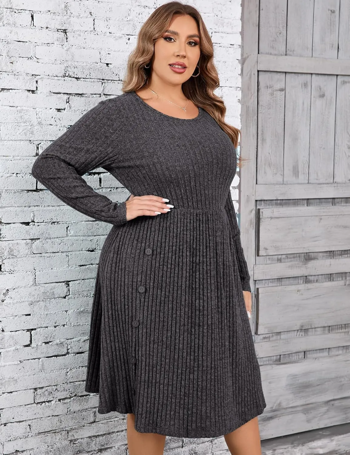 Women's Plus Size Casual Sweater Dress Square Neck Long Lantern Sleeve Tie Waist Loose Pullover Sweater Dresses