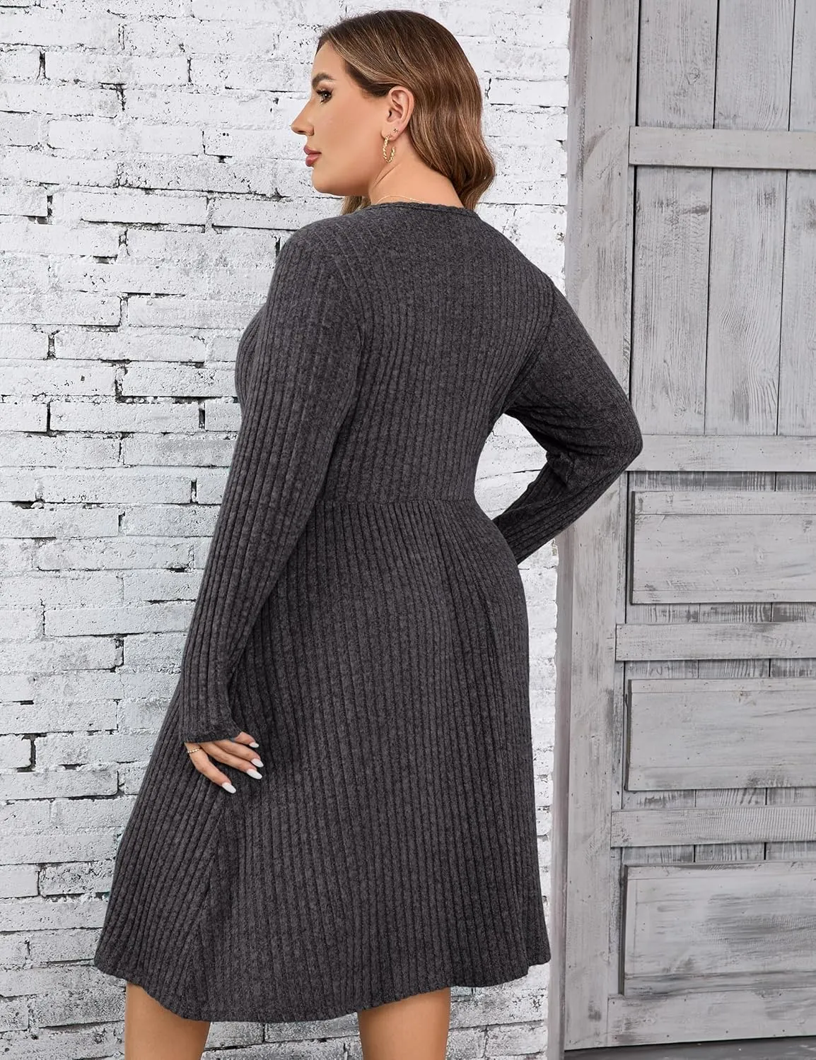 Women's Plus Size Casual Sweater Dress Square Neck Long Lantern Sleeve Tie Waist Loose Pullover Sweater Dresses