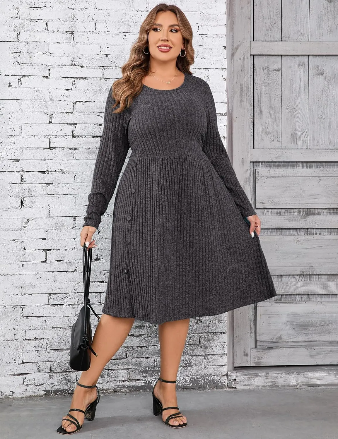 Women's Plus Size Casual Sweater Dress Square Neck Long Lantern Sleeve Tie Waist Loose Pullover Sweater Dresses