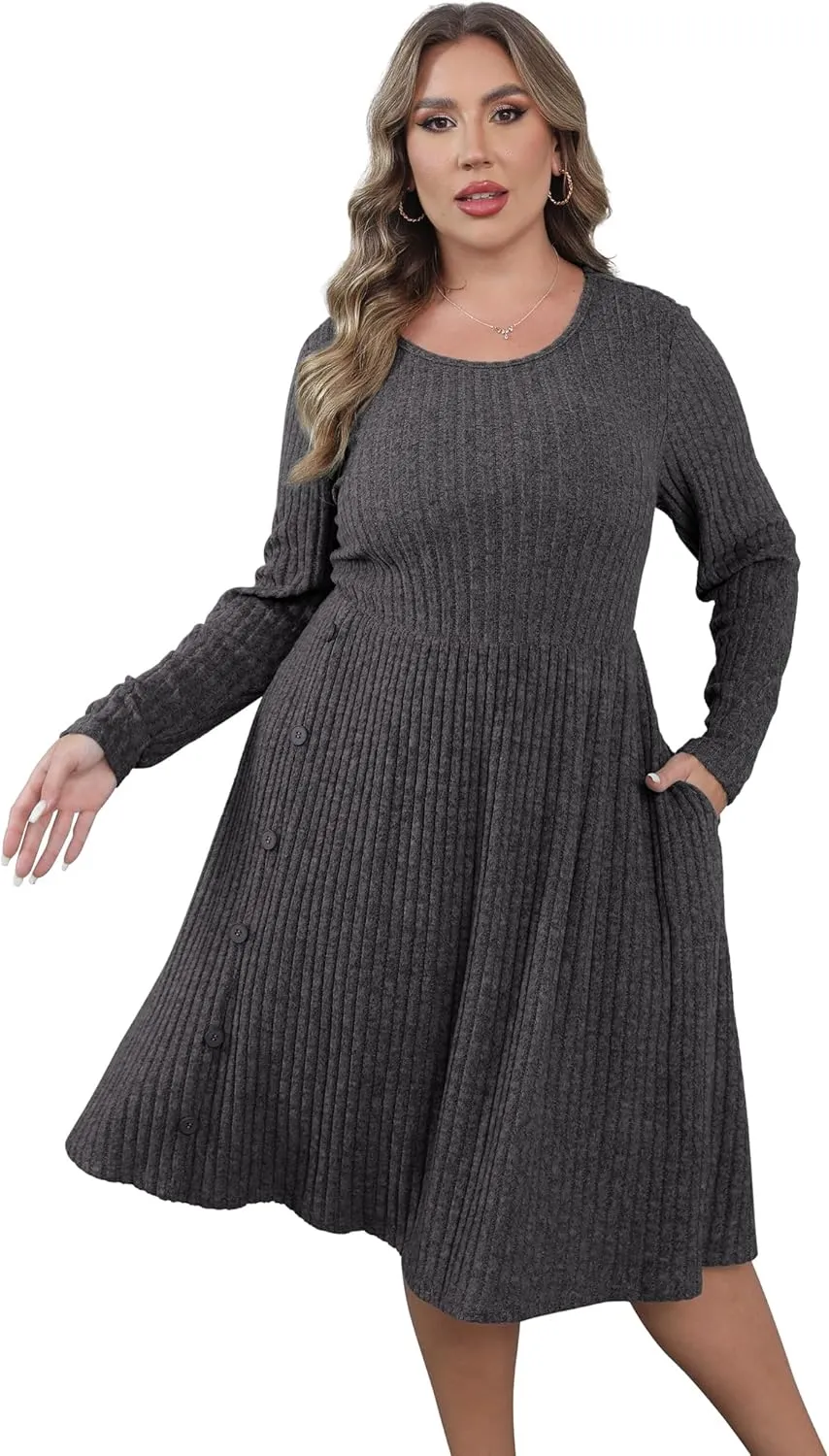 Women's Plus Size Casual Sweater Dress Square Neck Long Lantern Sleeve Tie Waist Loose Pullover Sweater Dresses