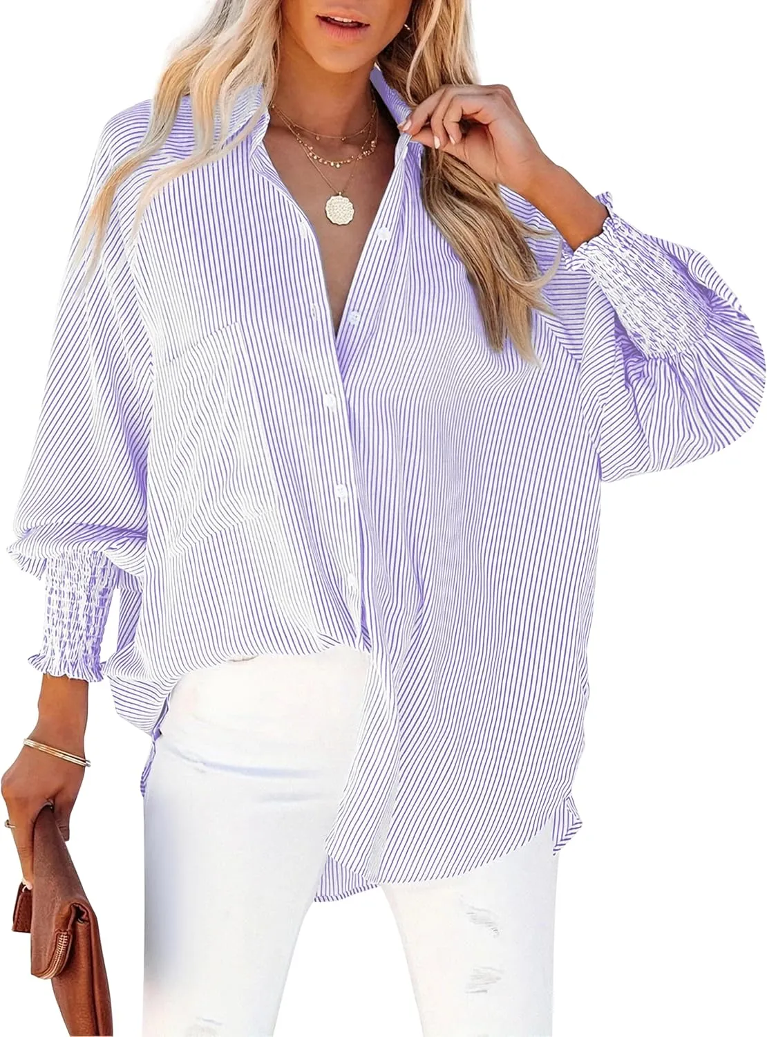 Women's Wrinkle-Resistant Smocked Cuffed Striped Button Shirt with Pocket Oversized Casual Boyfriend Blouse